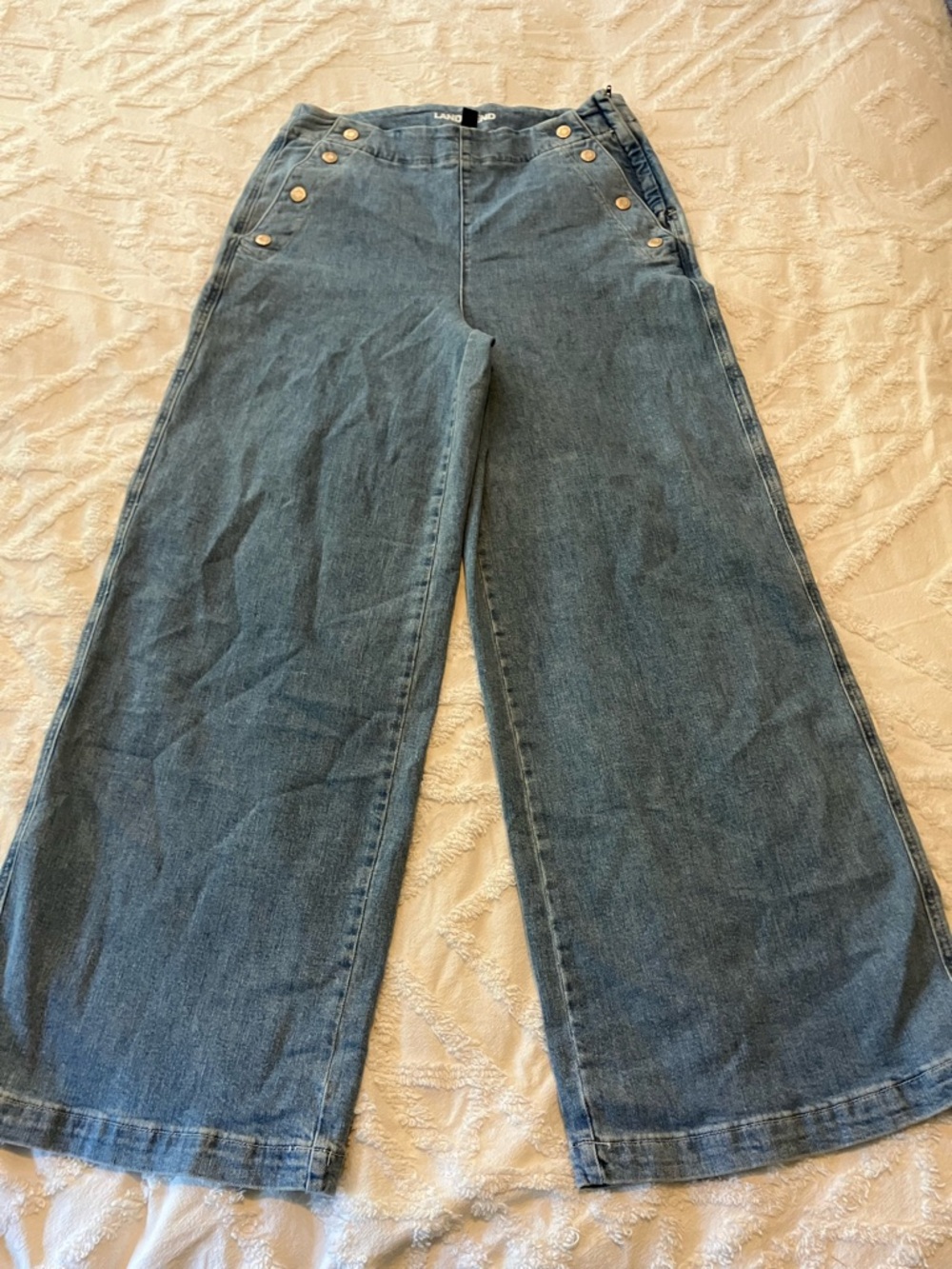 Lands' End High-Rise Wide Leg Jeans in Denim Blue with Button Accents